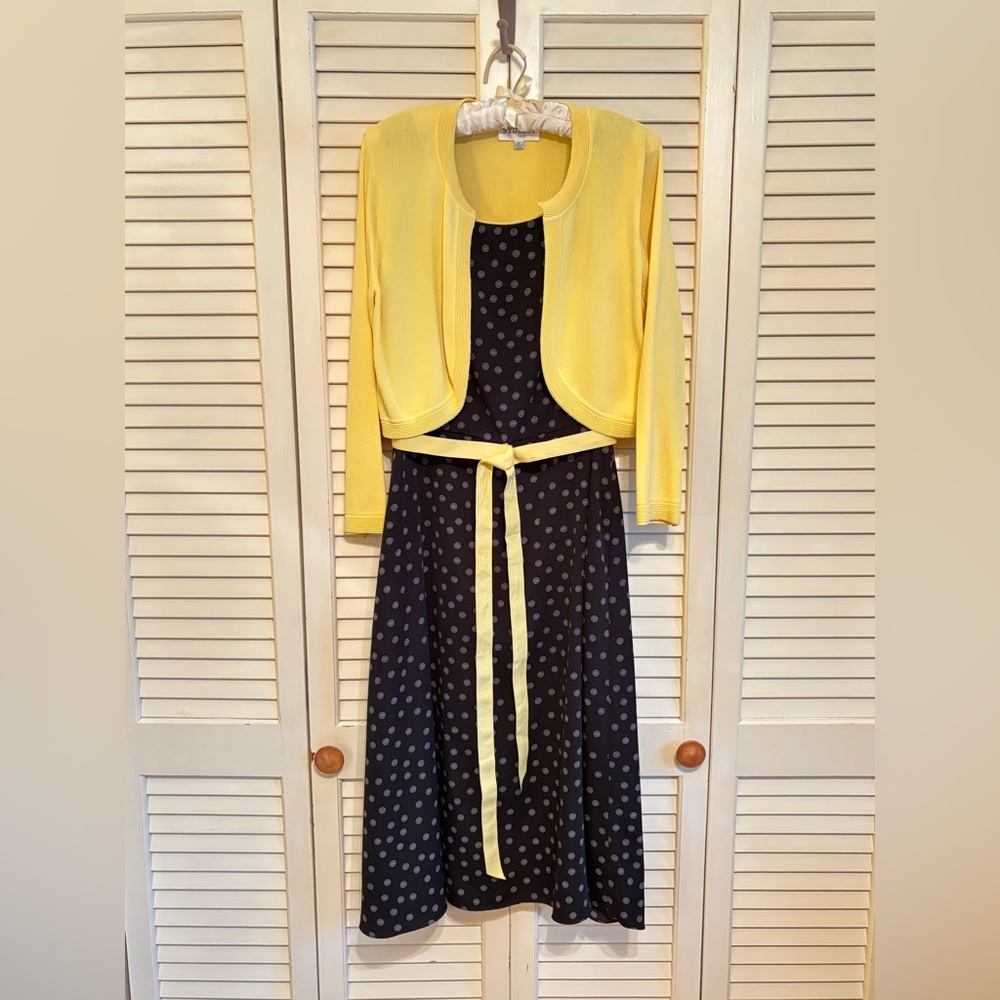 Studio I Black Polka Dot Midi Dress with Yellow Ribbon Belt